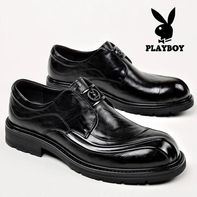 花花公子男士皮鞋真皮商务正装宽脚大头一脚蹬结婚新郎休闲鞋大码