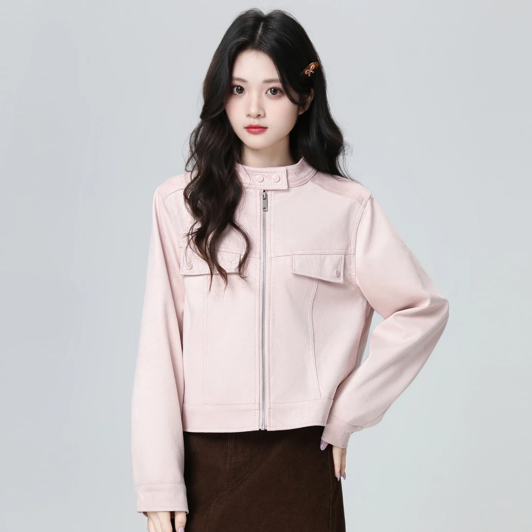 粉色麂皮绒外套女春秋2025早秋季新款机车服立领夹克开衫短款上衣
