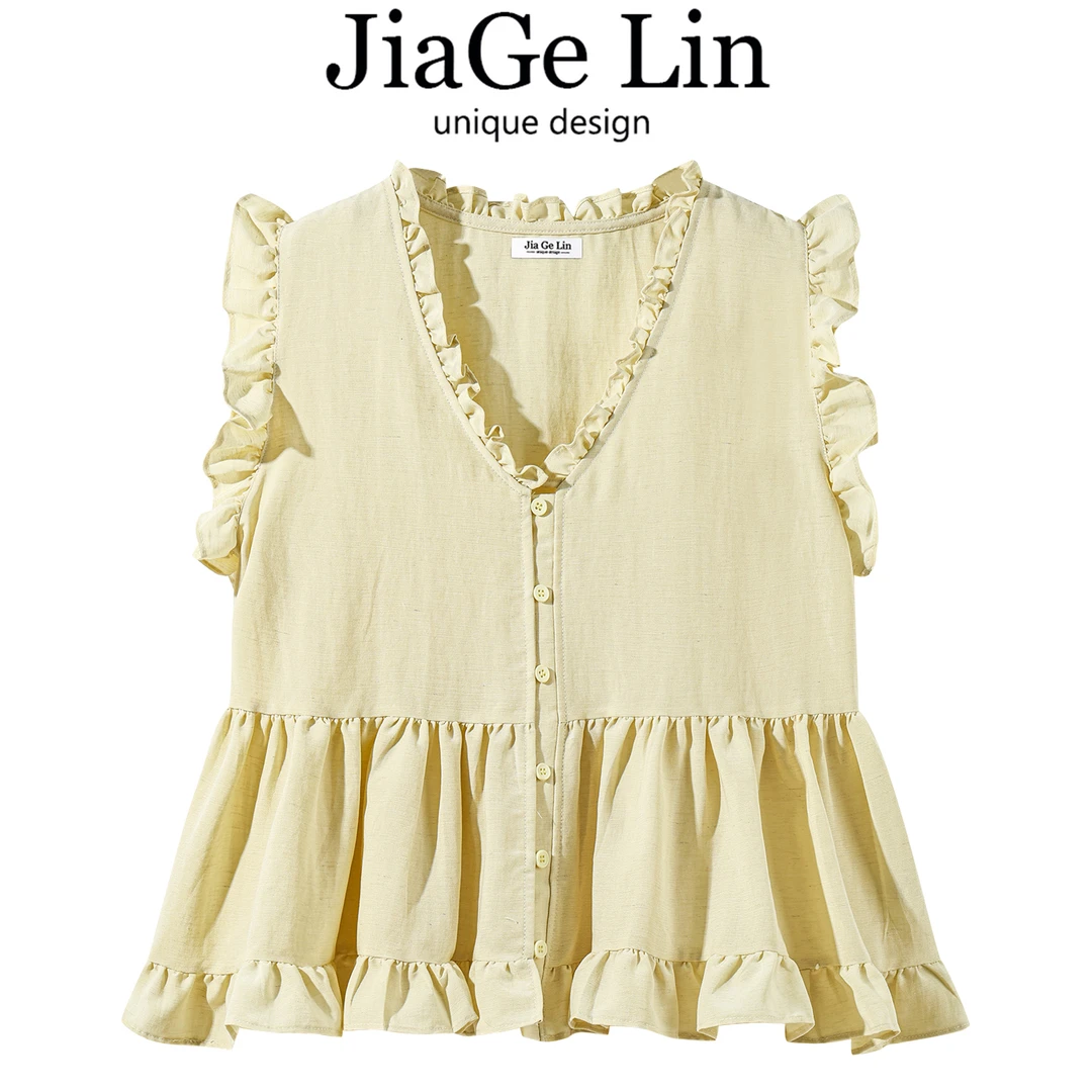JiaGeLin韩系设计感荷叶边V领无袖衬衫纯色小衫女夏甜美减龄上衣