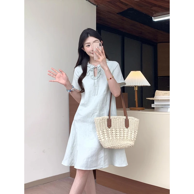 夏季新款法式木耳朵边连衣裙女复古气质甜美减龄收腰显瘦A字裙子