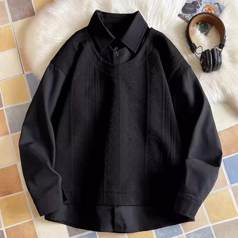 300斤大码设计感假两件长袖衬衫男士初秋季特大码ins拼接翻领卫衣