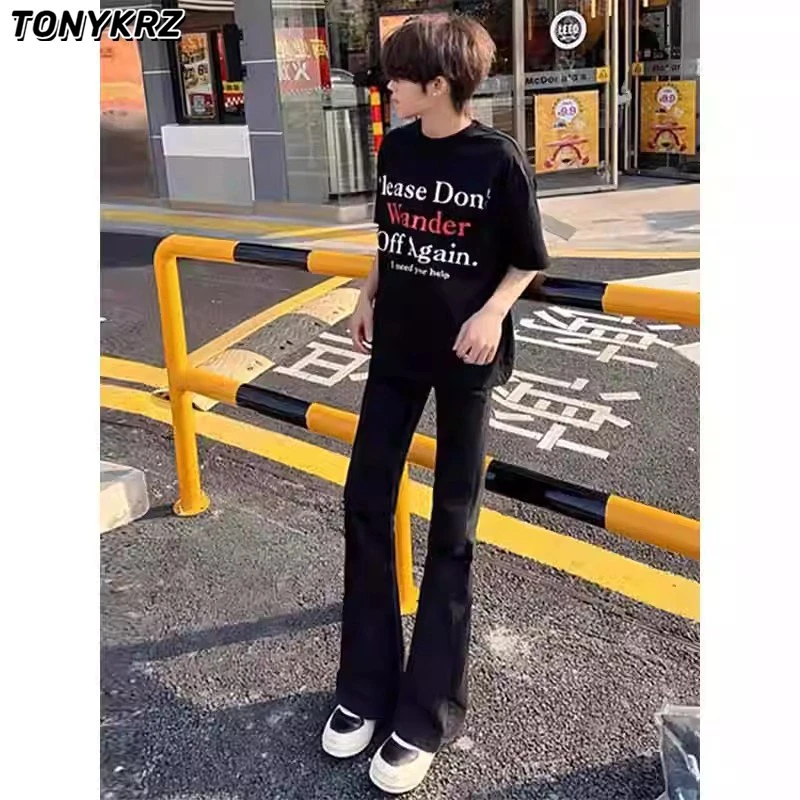 TONYKRZ黑色弯刀牛仔裤男新款纯色修身直筒裤子cleanfit微喇长裤