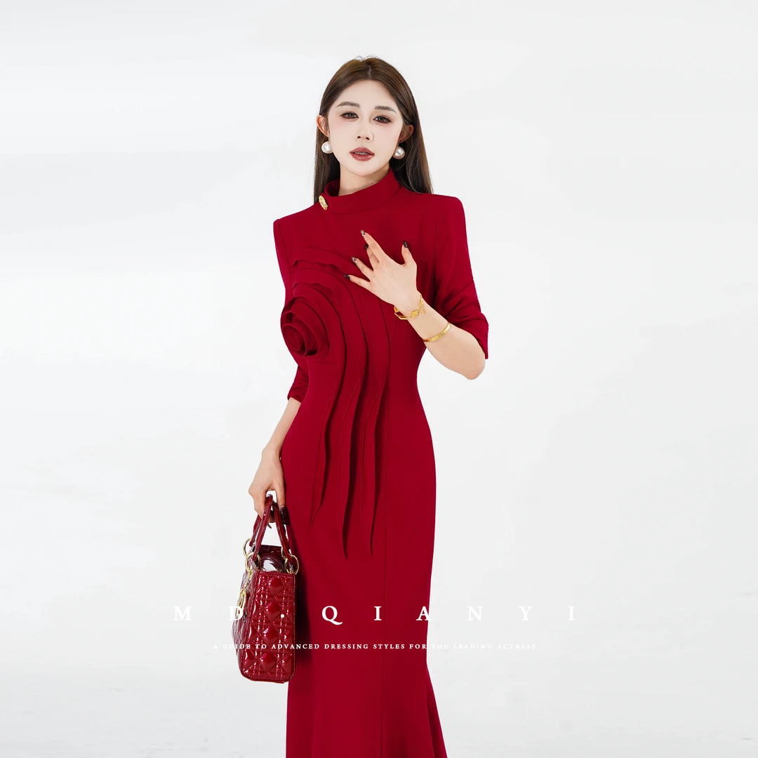 MD定制·杨千亿【墨竹映红】2025冬季轻奢法式百搭设计师连衣裙