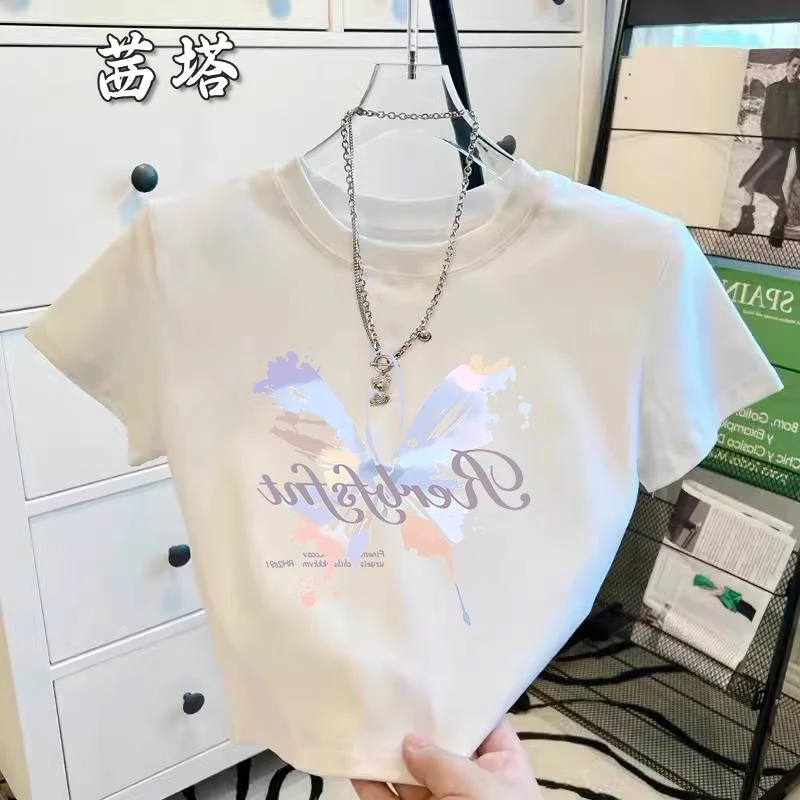 配高腰裤的短款上衣女2025夏季新款甜辣妹修身设计感小众短袖体恤