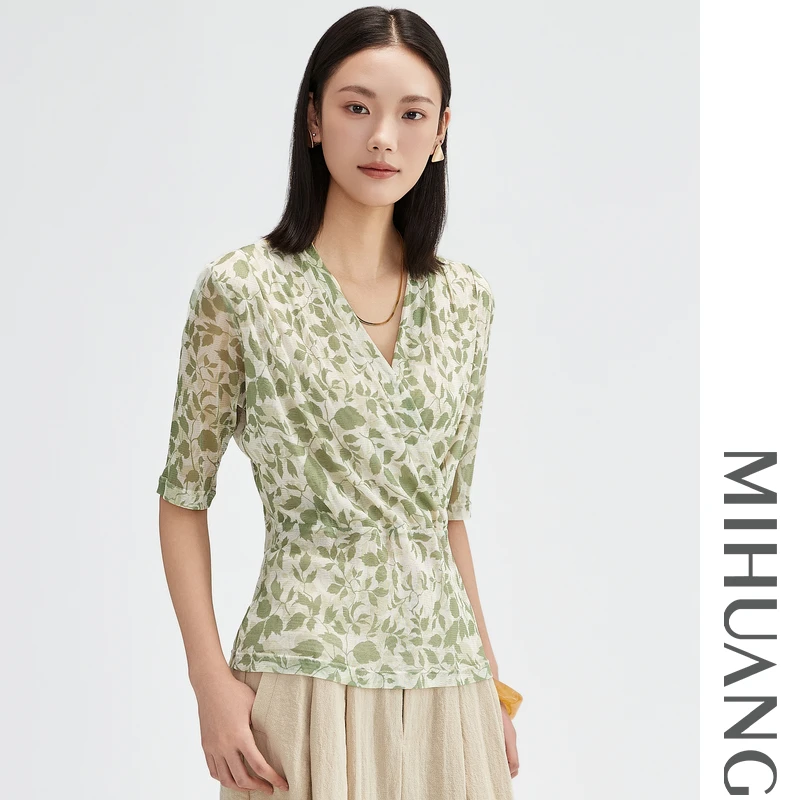 《粉丝专享》米皇【呼吸】100桑蚕丝多层V领印花中袖T恤557191