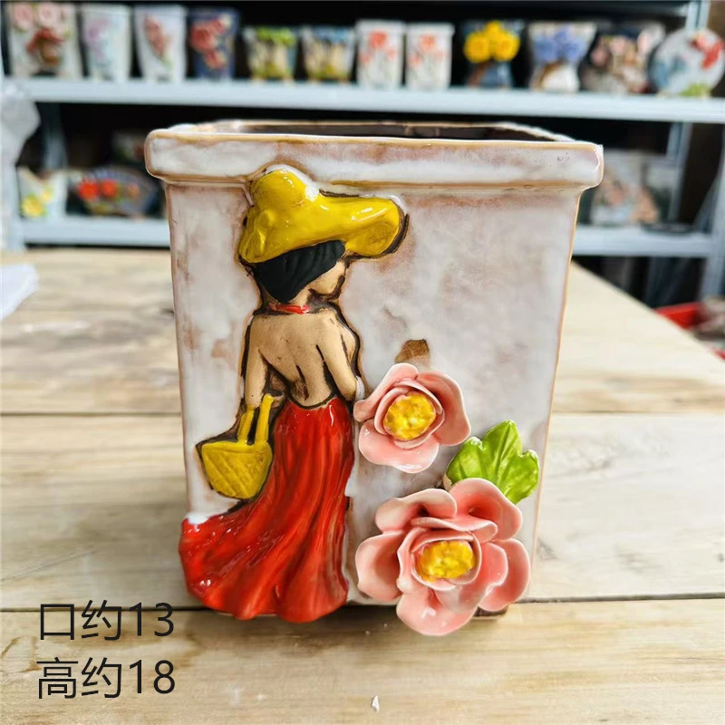 手工盆捏花粗陶透气多肉花盆