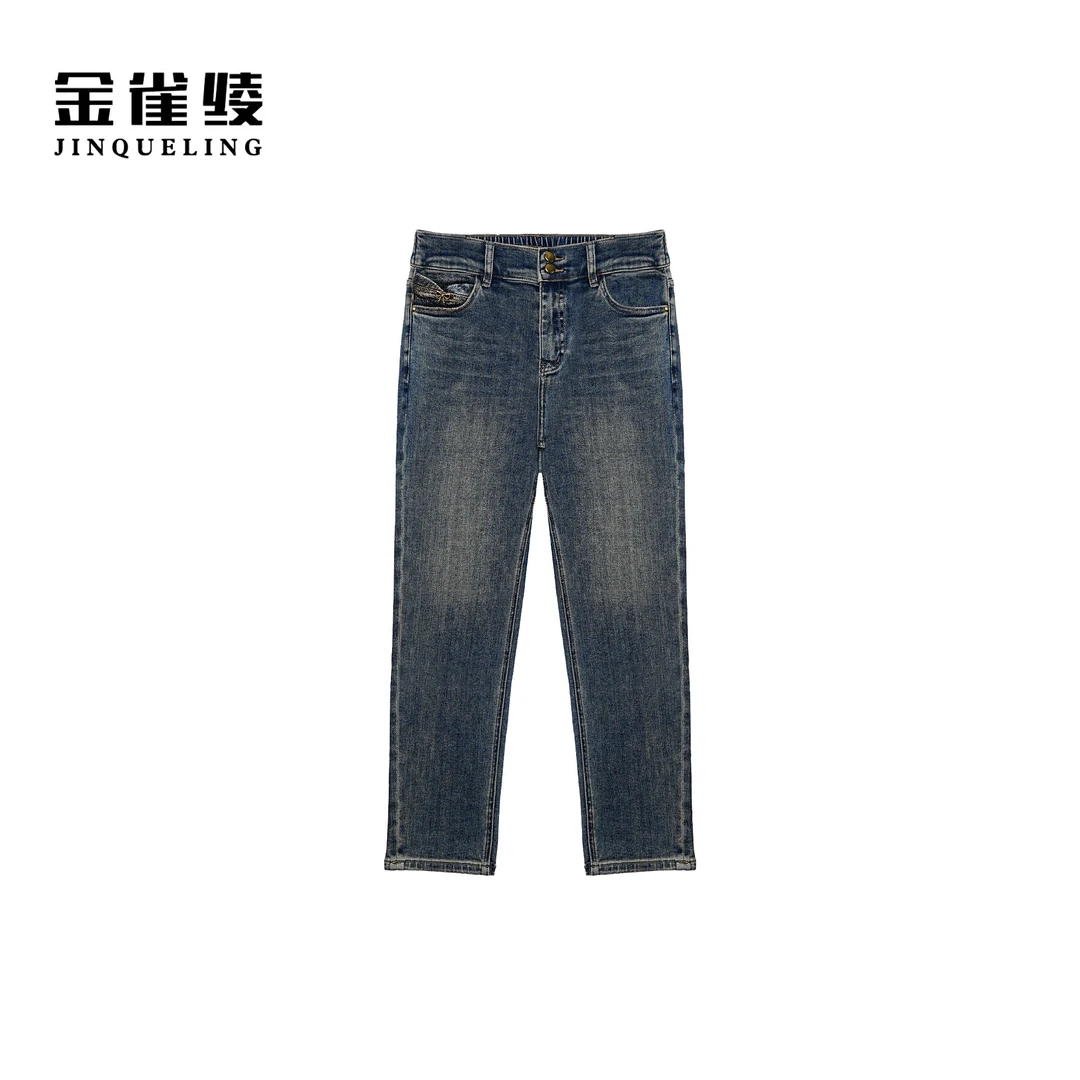 金雀绫【小瘦腿】 百搭厚款织绒加宽加大牛仔裤SZAK4KLW138