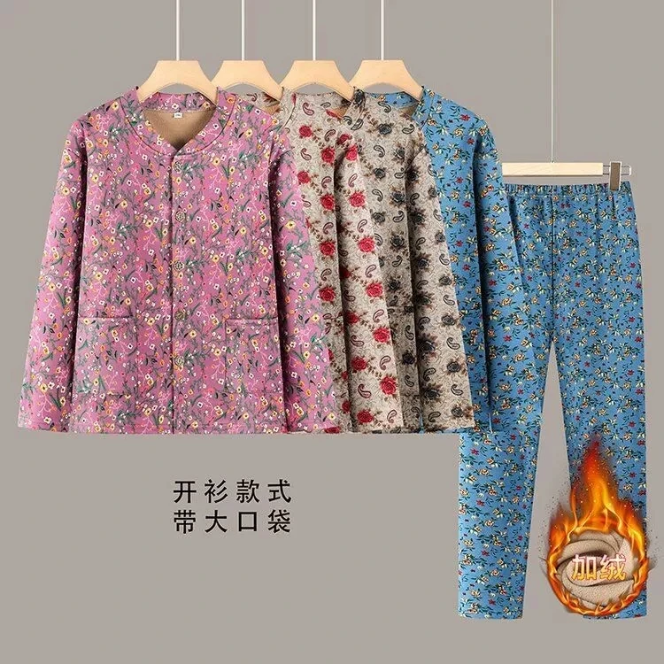 老太太加绒保暖裤老年保暖内衣套装奶奶冬天加绒加厚宽松套装