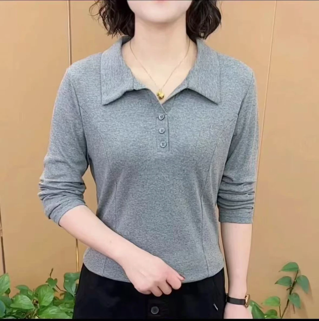 2025女式翻领绣花长袖打底