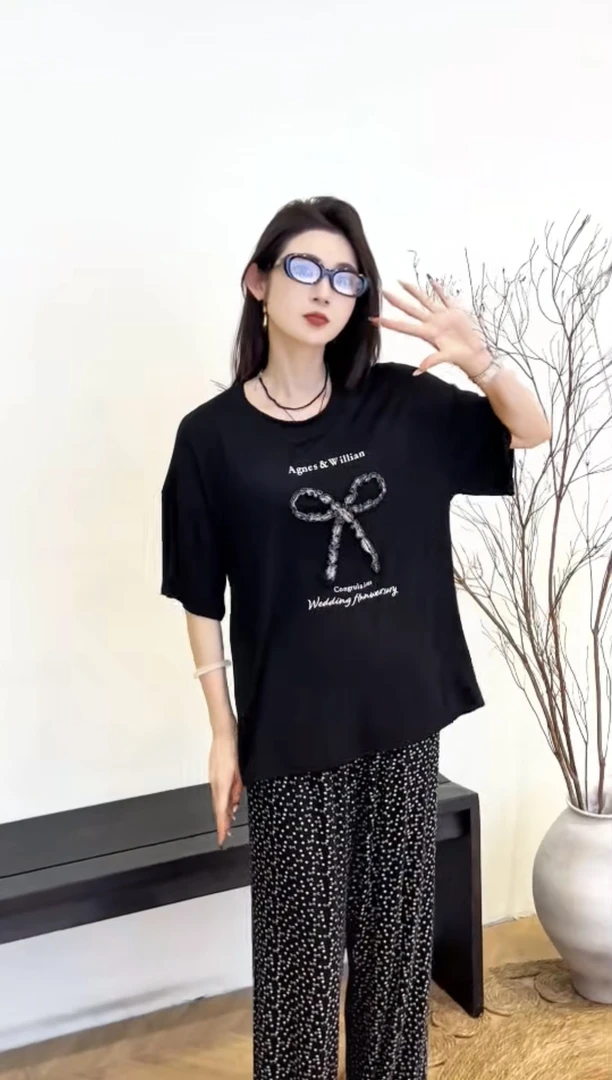 新款女士蝴蝶结短袖长裤柔软舒适休闲睡衣家居服