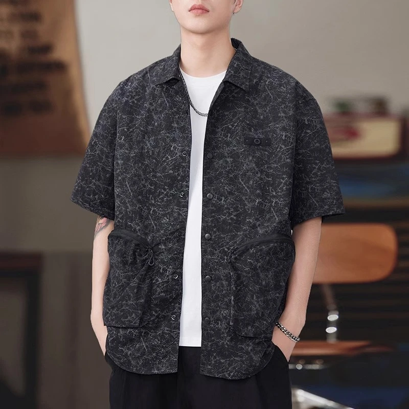 美式潮牌高端暗花纹短袖衬衫男2025夏季新款宽松百搭薄款休闲衬衣