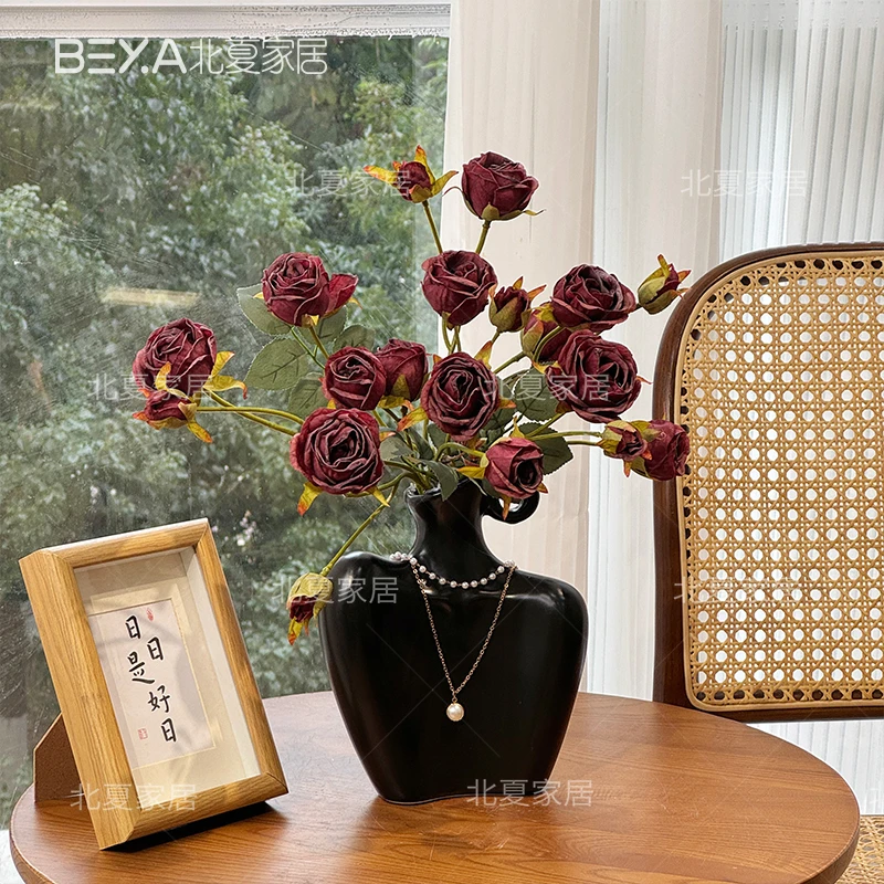 油画系仿真玫瑰花苞芯小玫瑰插花装饰花摆件家居拍照摄