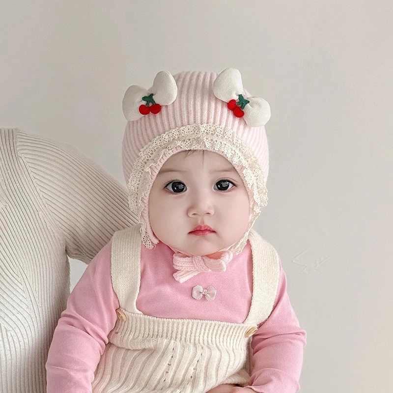 韩版婴儿帽子女宝宝公主花边樱桃毛线护耳帽可爱小月龄保暖针织帽