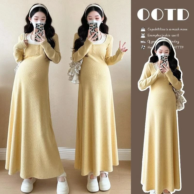 时髦孕妇装韩版显瘦时尚网红款2025新款孕期穿搭假两件简约连衣裙