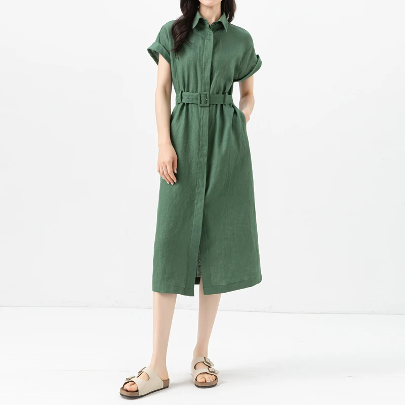 绿色裙子轻奢高级感夏季薄款连衣裙女2025新款收腰显瘦法式亚麻裙