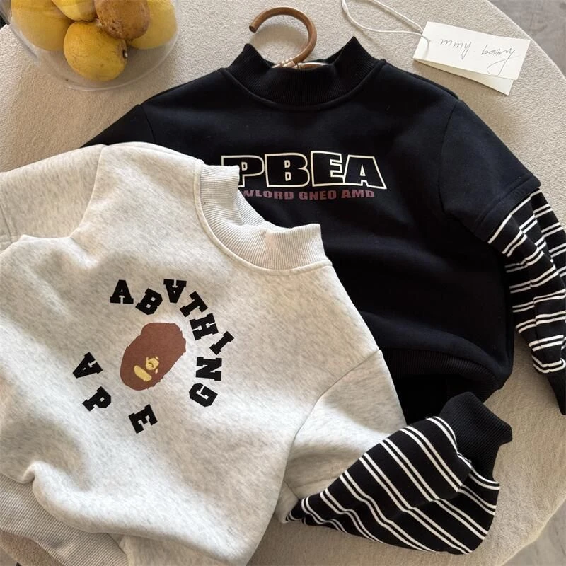 儿童加绒卫衣秋冬2025新款中小童半高领绒衫男女童宝宝假两件上衣