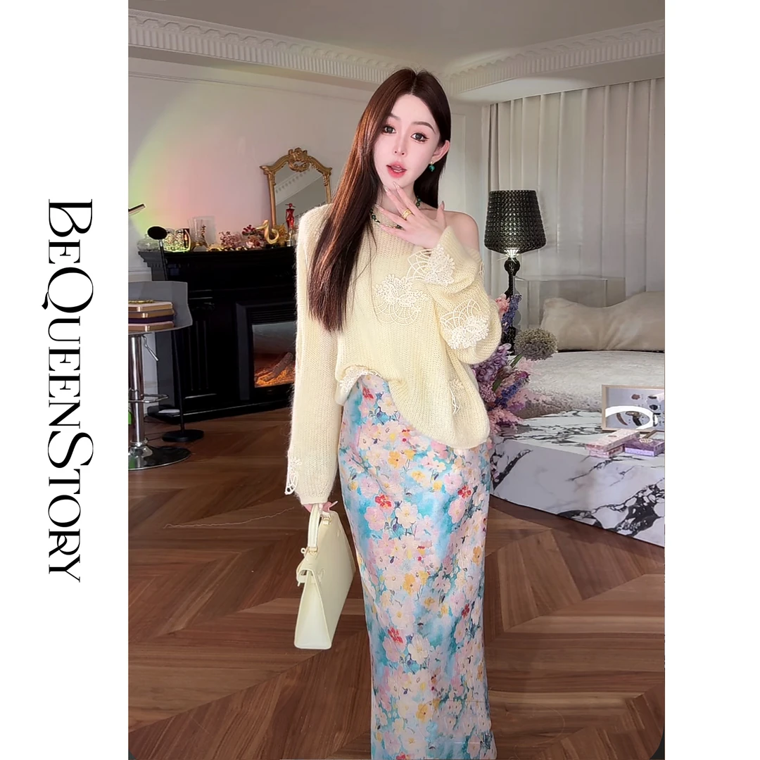 余潇潇【油画印象派】天丝复古名媛花朵立体纹理金丝线直筒半裙早秋