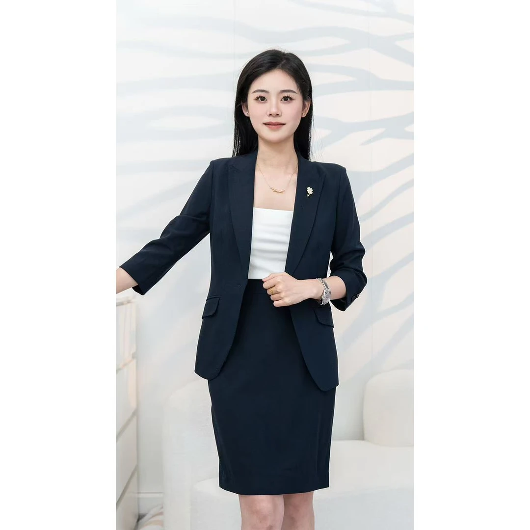 DANLUE/丹略桑蚕丝醋酸七分袖套裙西装套装女装高级高定西服修身