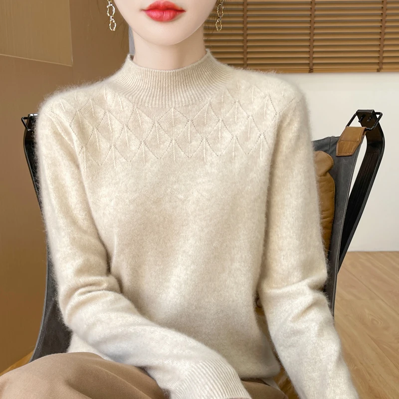 【商场新款】纯羊绒衫女半高领纯色菱形提花宽松套头毛衣羊绒针织衫