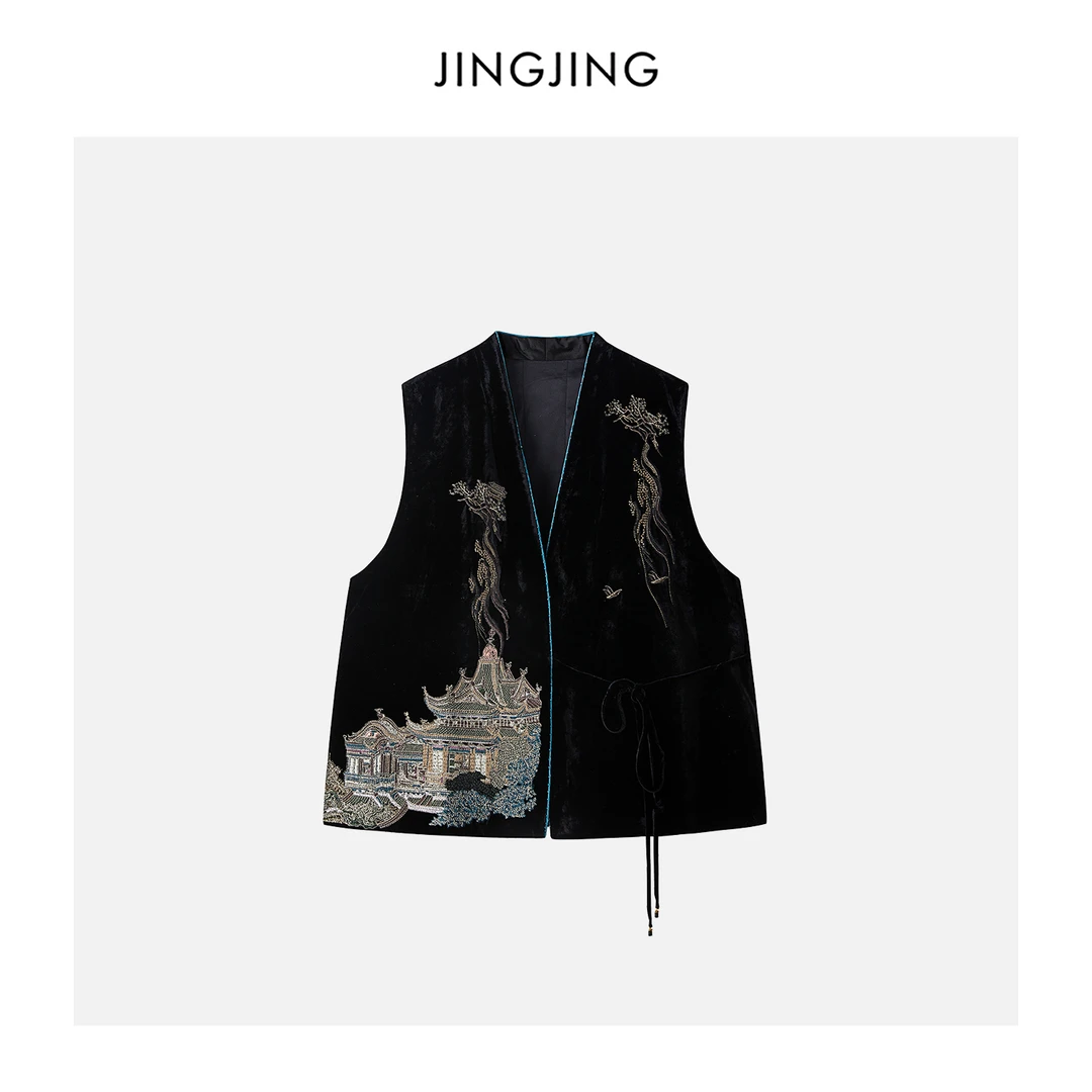 JINGJING2025新款“锦绣重楼”桑蚕丝刺绣黑丝绒交领夹棉马甲