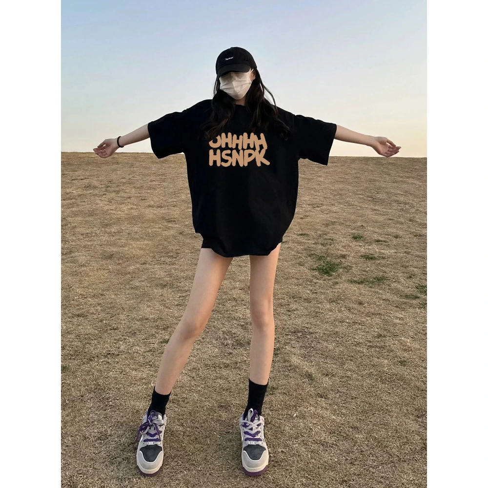 HSNP纯棉重磅字母印花短袖T恤女夏季宽松小众设计感美式复古半袖