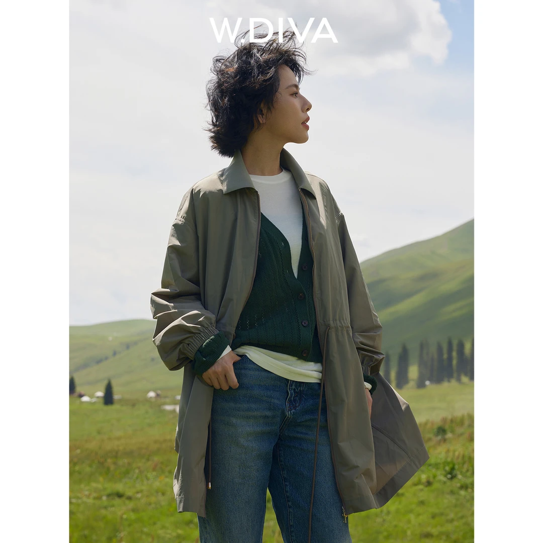 W.Diva【拂晓】进口舒柔特三醋酸螺纹翻领拉链风衣外套53C122654