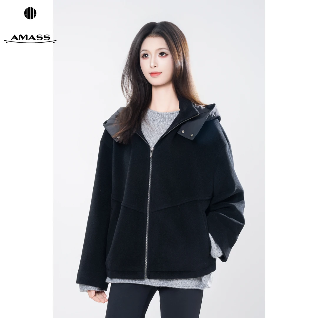 AMASS/阿玛施秋冬新款休闲质感百搭连帽宽松时尚毛呢外套女540043