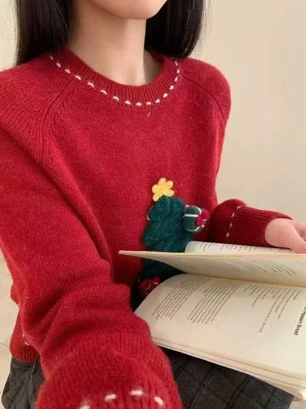 立体刺绣圣诞树立体装饰可爱圣诞款针织衫毛衣7871