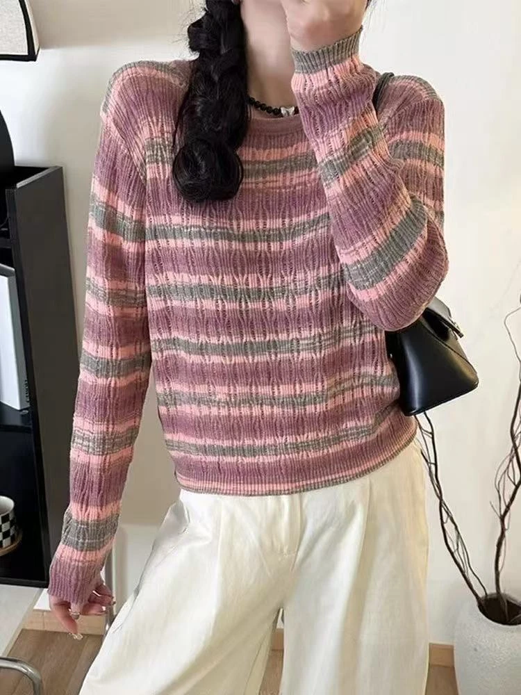 秋季洋气轻奢高级感宽松休闲条纹撞色圆领百搭长袖毛针织衫571637