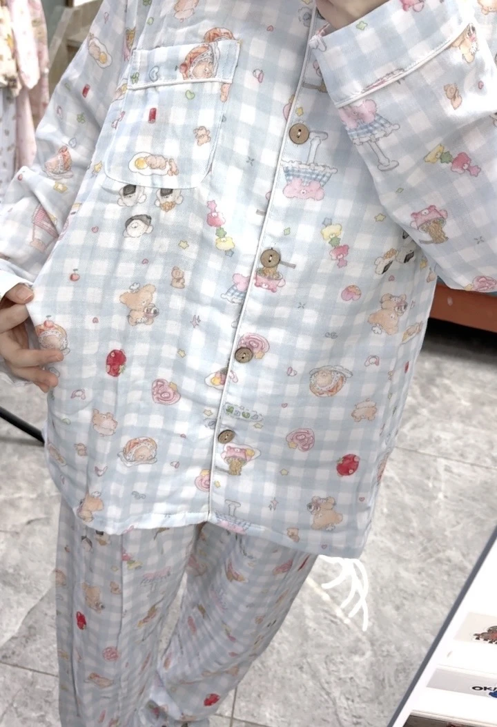 纯棉多巴胺睡衣长袖长裤套装-蓝色熊熊