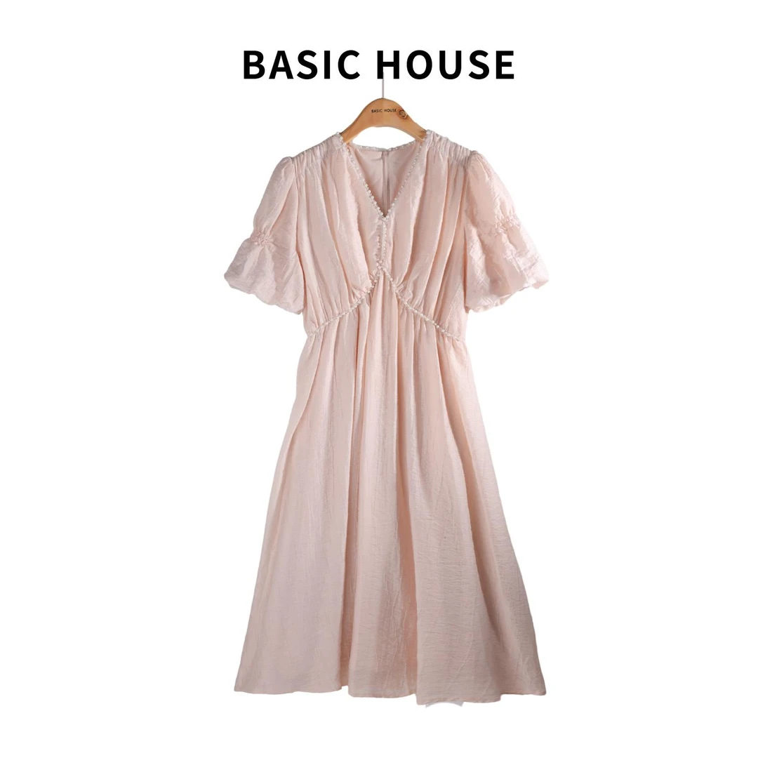Basic House/百家好法式连衣裙v领褶皱优雅珍珠中长裙B0503B5W562