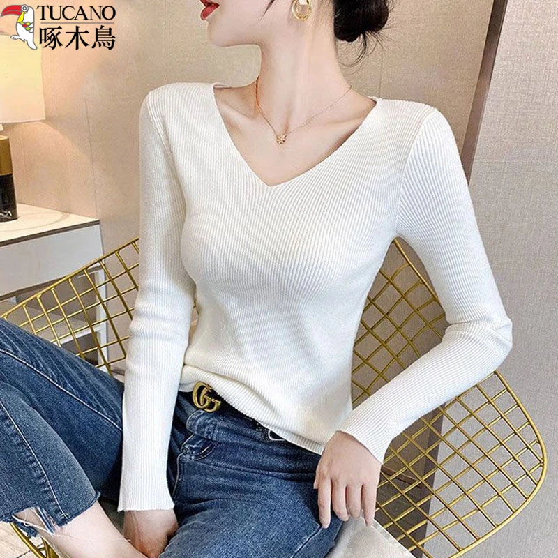 啄木鸟秋冬V领针织衫毛衣女款新款洋气纯色修身长袖百搭打底上衣