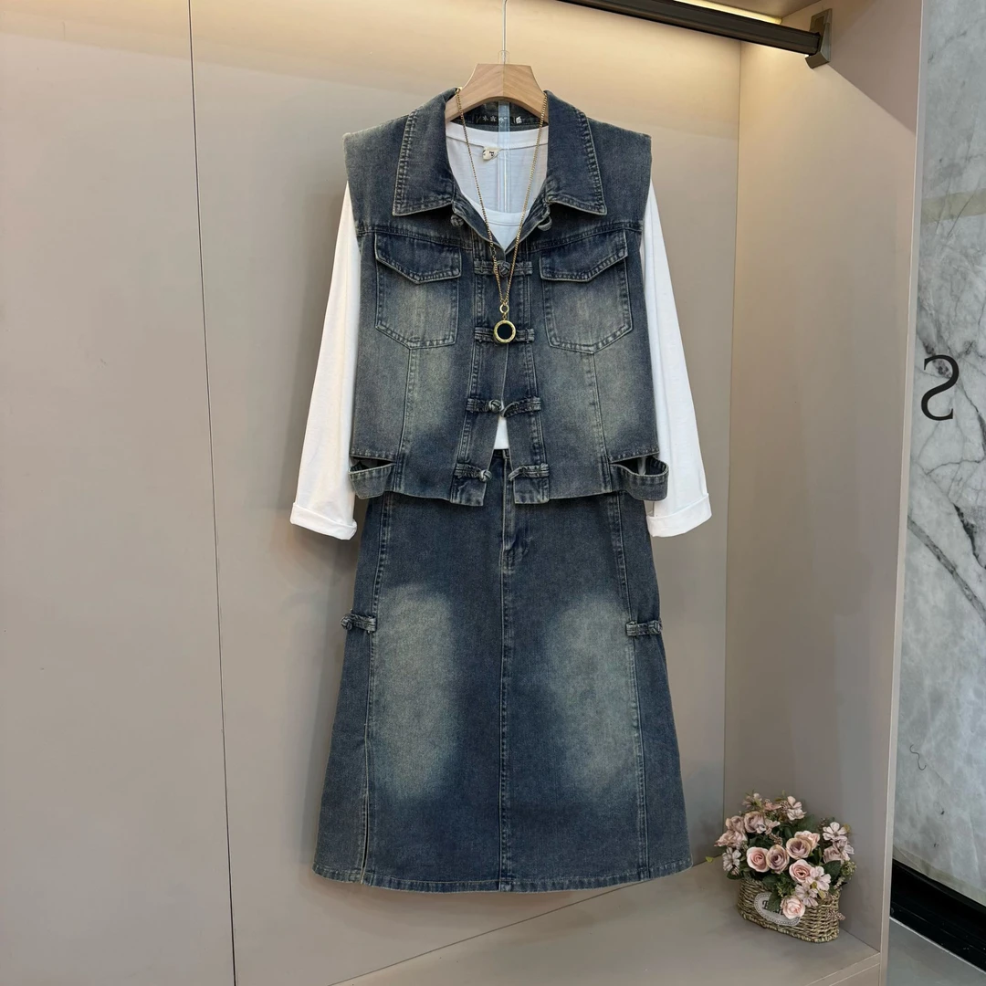 大码女装翻领盘扣工艺休闲马甲欧洲站春秋款百搭开叉半身裙套装