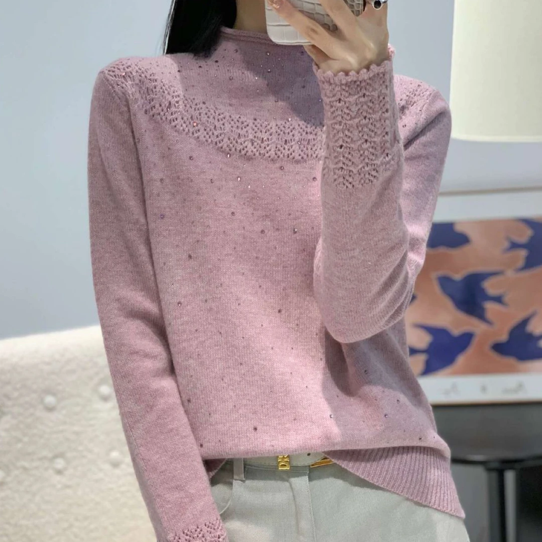 秋冬半高领烫钻针织衫女内搭上衣时尚洋气百搭套头毛衣