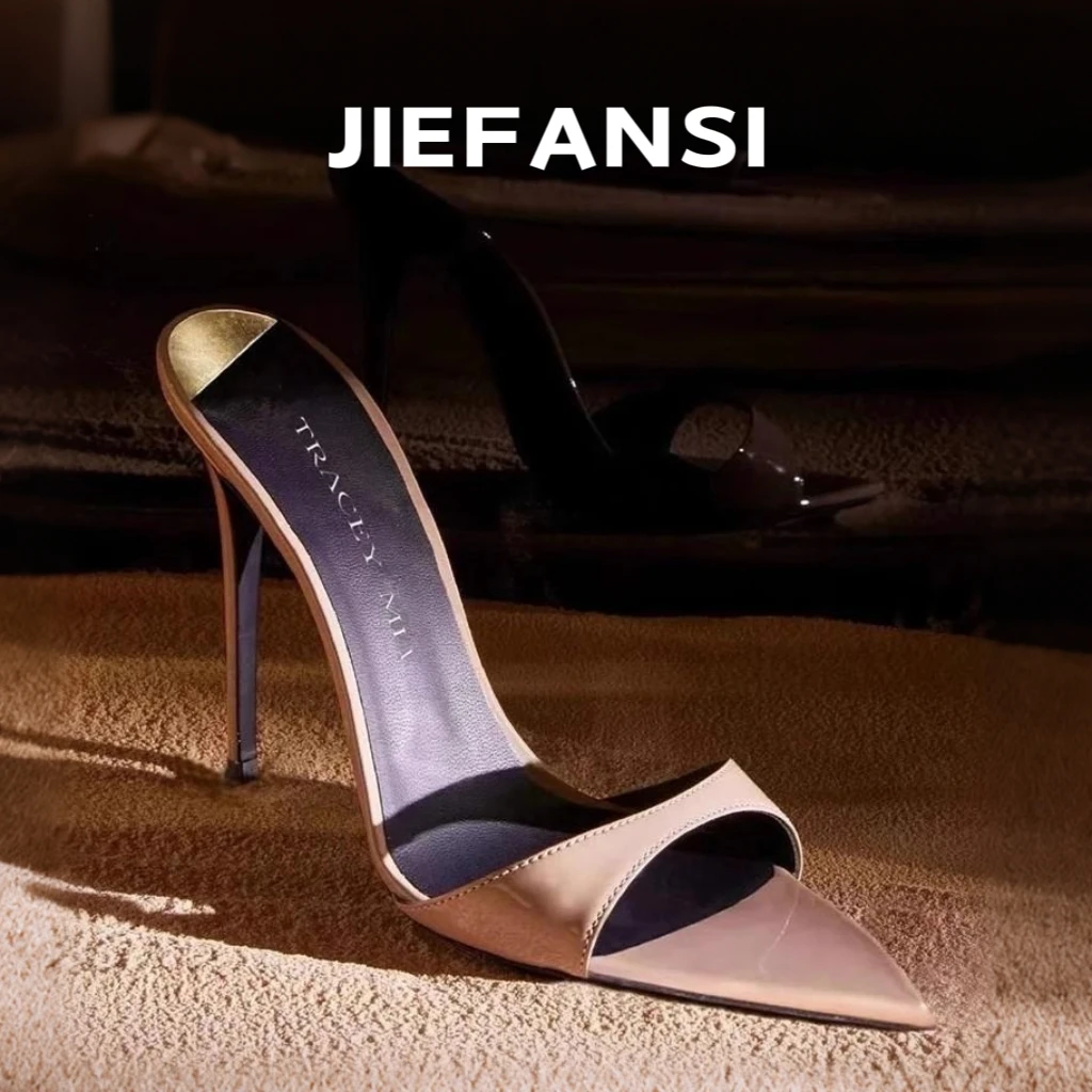 2025年夏新款尖头高跟鞋一字带细跟半拖鞋女漆皮黑色百搭简约凉鞋