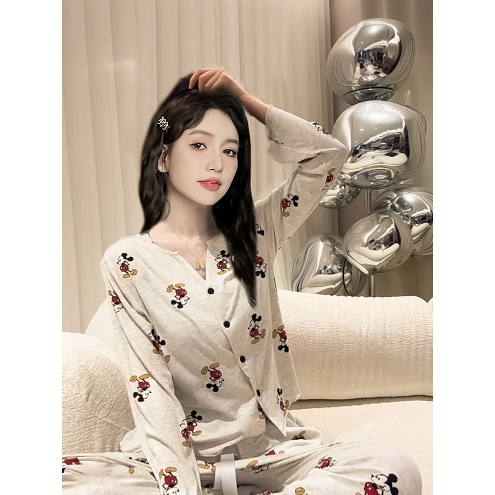 卡通可爱米奇亲肤莫代尔冰丝开衫长袖长裤睡衣女春秋季家居服套装