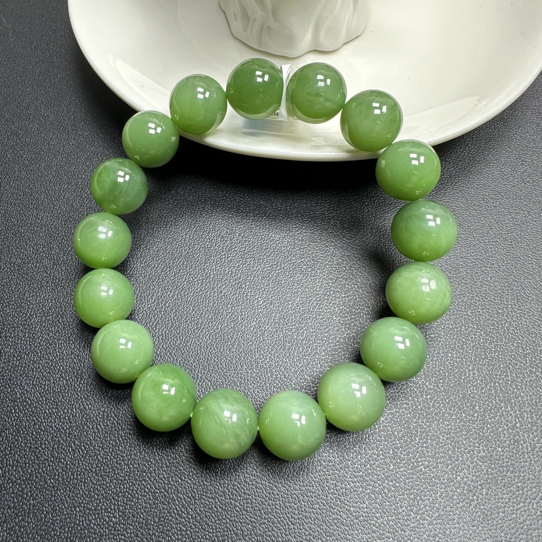 新绿 和田玉俄料碧玉正阳绿12mm手串17颗时尚绿色单圈玉手串