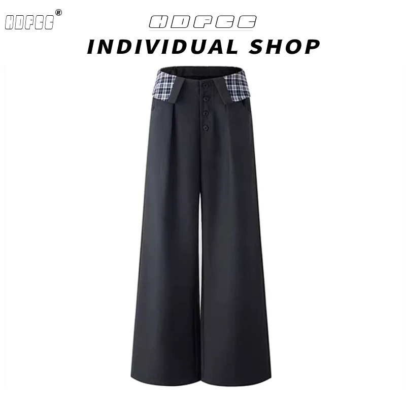 高街辣妹格子拼接垂感西装阔腿裤女春季高腰不规则通勤百搭休闲裤