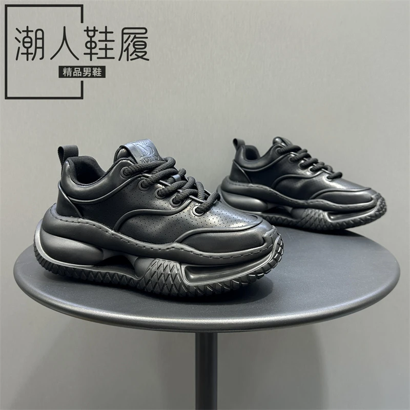 男鞋2025早秋新款厚底增高老爹鞋皮面冲孔舒适百搭低帮爆款运动鞋
