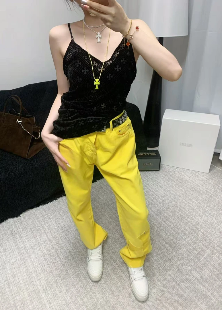 17HAL CH家范丞丞同款纽约限定十字架软皮标柠檬黄色牛仔裤