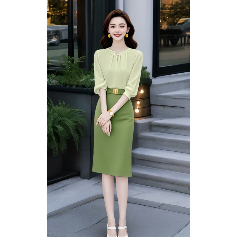 2040搭配一整套气质名媛高端轻奢高级感小香风绿色衬衫半身裙套装