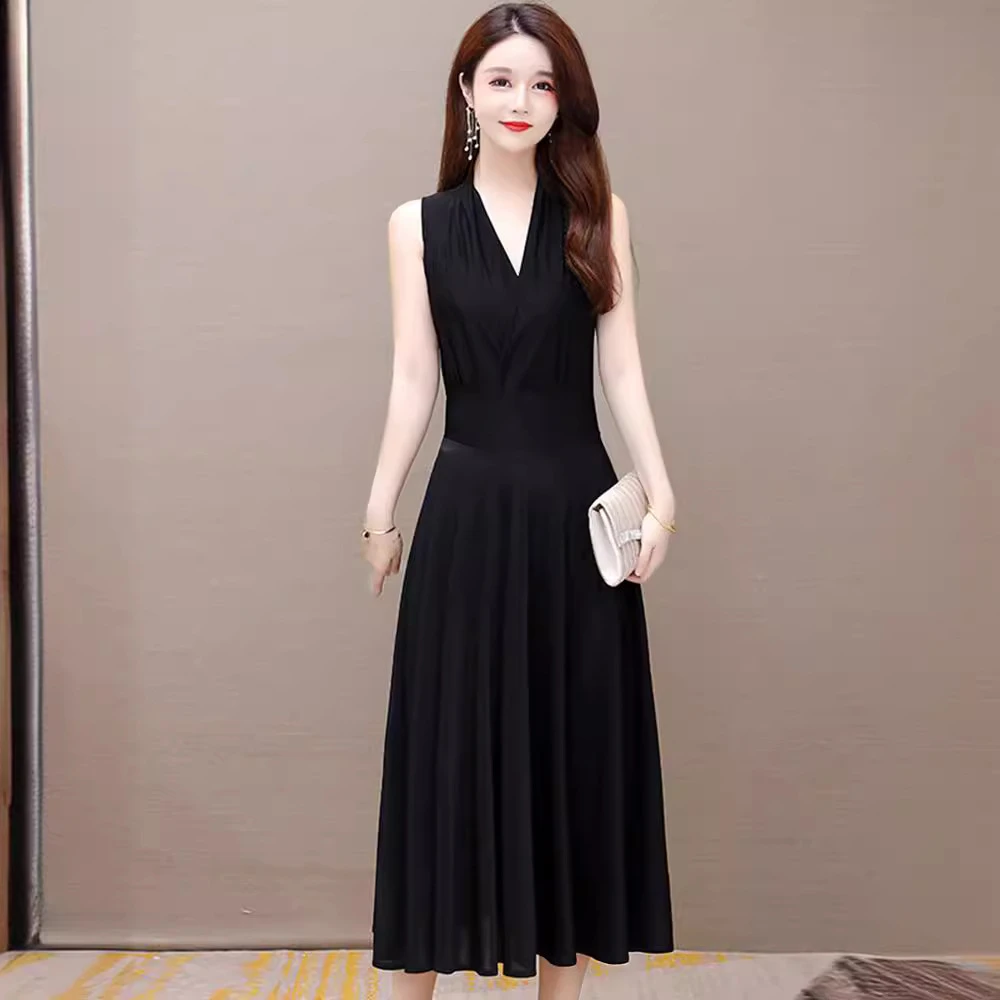 夏季新款大码宽松连衣裙长款优雅气质领弹力奶丝裙子