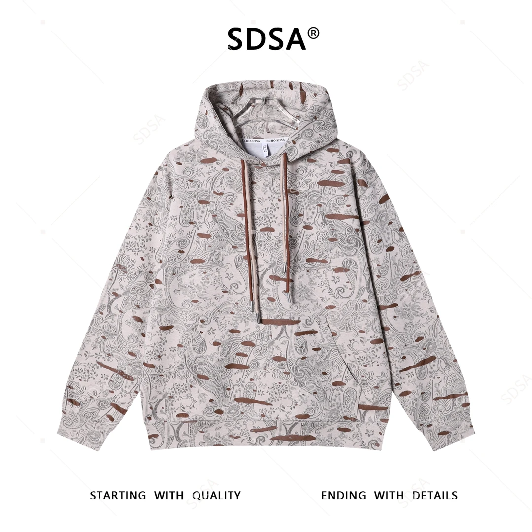 SDSA男士秋冬新款痞帅男装韩版割破撞色印花抽绳连帽卫衣时尚百搭