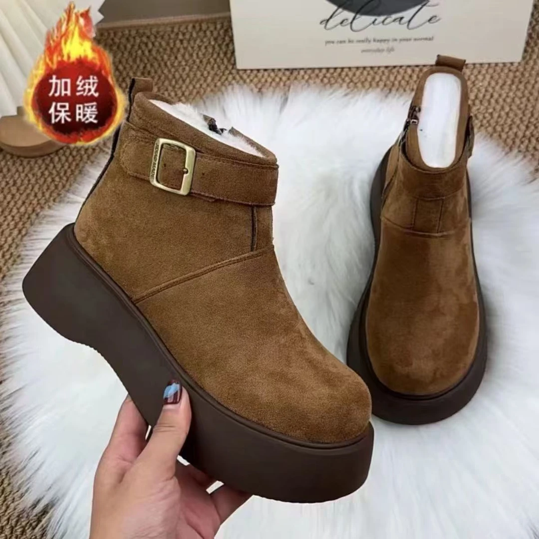 【牛皮羊毛】1 加绒加厚侧拉链女圆头防滑冬季马丁靴厚底时尚冬【谢】