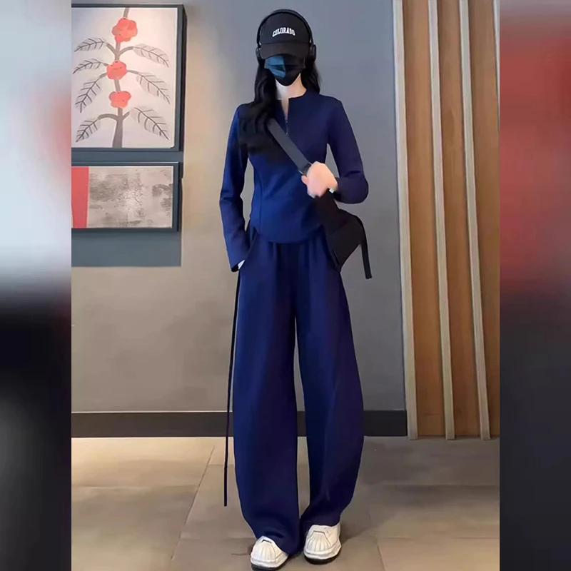 休闲运动套装女早秋新款韩版时尚洋气修身立领上衣阔腿长裤两件套