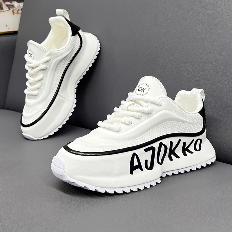 okkdey秋季皮面高级感老爹鞋内增高厚底小白鞋百搭时尚运动休闲鞋