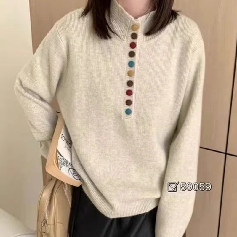 立领彩虹扣宽松软糯长袖套头毛衣秋冬新款气质保暖显瘦绵羊毛毛衣