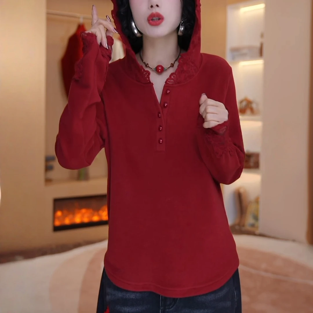 2025秋冬新款气质百搭双面德绒打底衫时尚小众蕾丝拼接连帽卫衣女