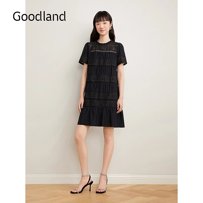 Goodland美地2025夏季新款法式优雅间色镂空拼接木耳边连衣裙