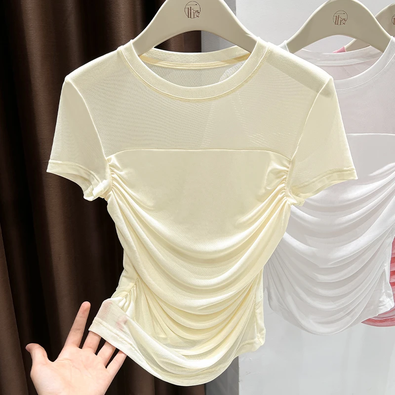 杏色微透薄款收腰网纱上衣女T恤2025夏季圆领短袖设计感正肩纱衣